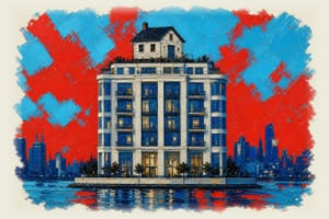 High-rise luxury riverfront building with a modest small home perched incongruously on the roof