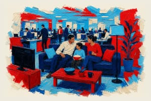 Home office setup with comfortable furniture positioned in the center of a modern office building surrounded by busy workstat