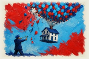 House suspended by colorful balloons in sky with official figure shooting at them with slingshot below