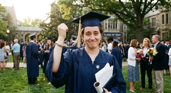 Graduate wearing cap while handcuffed to it, symbolizing student debt burden