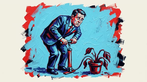 Economist using bike pump on wilted potted plant to symbolize struggling growth amid inflation measures