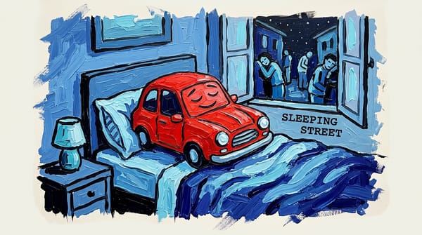 Cartoon car sleeping in bed while people stand sleepily on street outside window