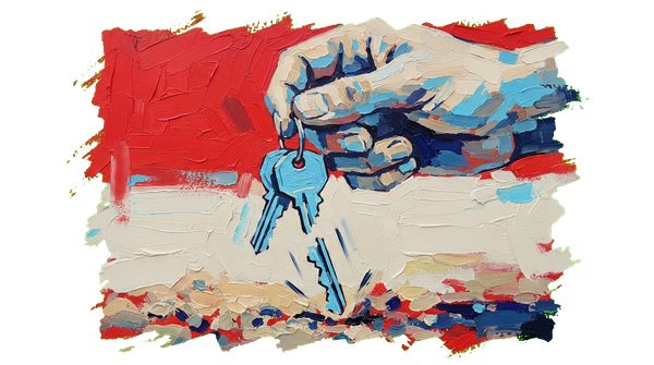 Hand holding keyring with house keys, main key broken in half with piece falling to ground