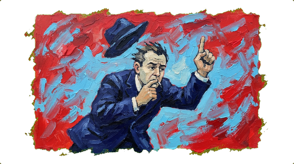 Man in business suit standing in strong wind with hat blowing off, finger in mouth while checking wind direction.