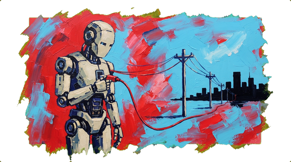 Robot plugging charging cable into itself while city silhouette sits dark without power in background