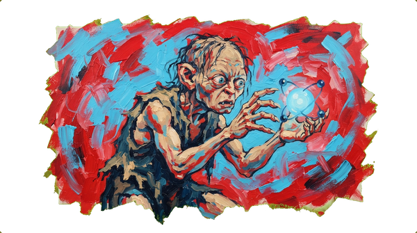 Politician desperately reaching toward a hydrogen molecule, styled like Gollum grasping for the ring