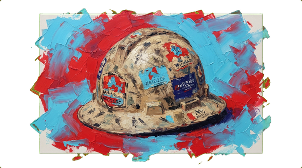 Weathered mining hardhat covered in various company stickers and logos