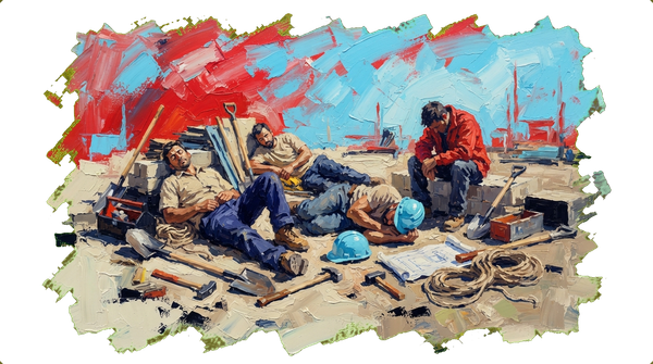Builders with tools resting on an empty construction site, waiting to begin work.
