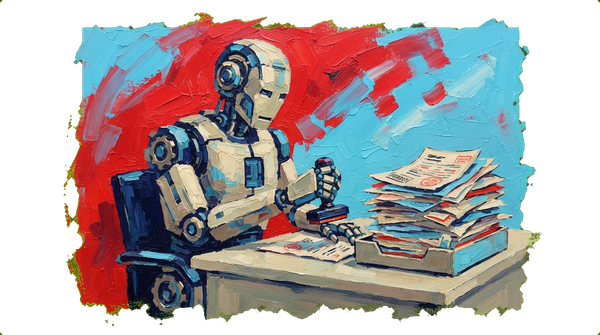 Robot sitting at desk stamping documents with pile of stamped files in out tray