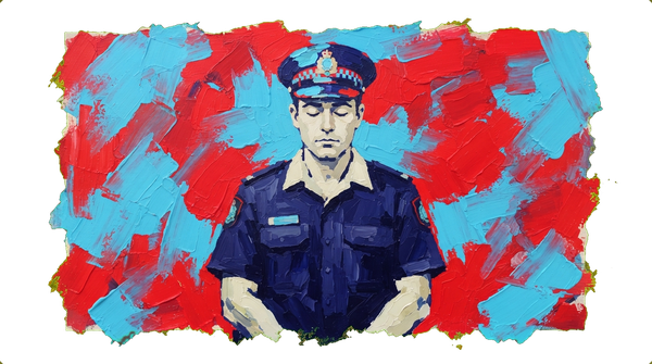 Australian police officer with eyes closed, standing outdoors in uniform.