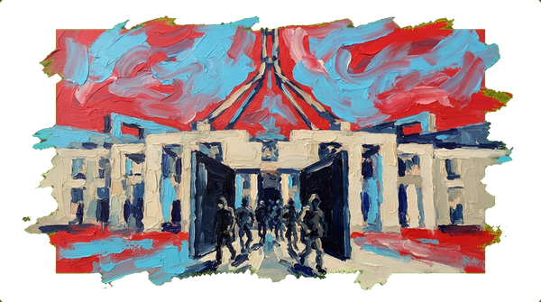Parliament House entrance with open door and figures walking through, representing cybersecurity vulnerability