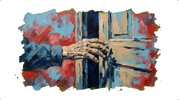 Elderly hand reaching toward a partially open door, symbolizing access and care barriers