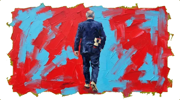 Australian Prime Minister walking away from camera with small nuclear weapon in back pocket