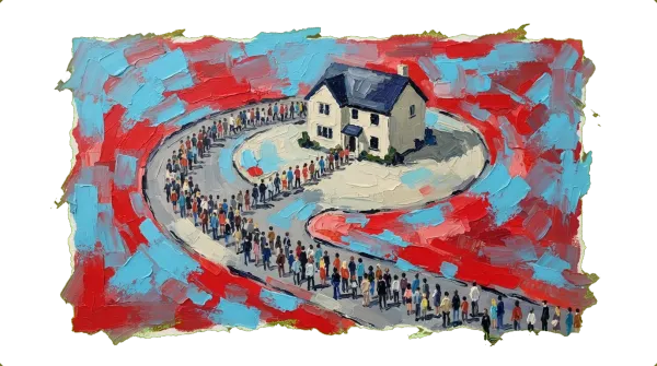 Aerial view of single house for sale surrounded by large crowd of prospective buyers and families waiting in line.