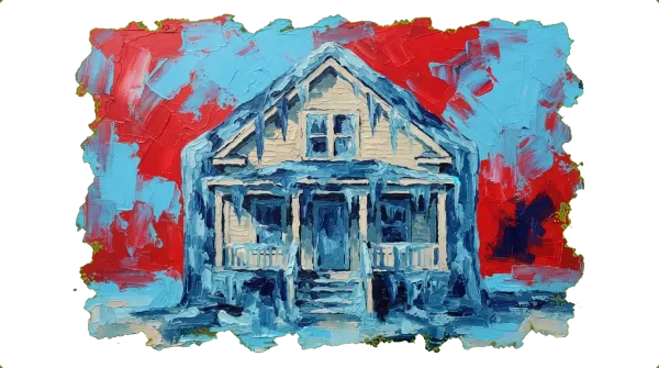 Frozen rental house trapped inside a giant ice cube, symbolizing housing restrictions and frozen rental market.
