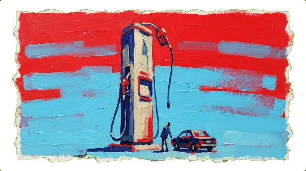 Oversized fuel pump tower looming above a car driver unable to reach the nozzle at the bowser station.
