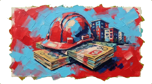 Developer's hard hat on a stack of Australian cash with apartment buildings in the background.