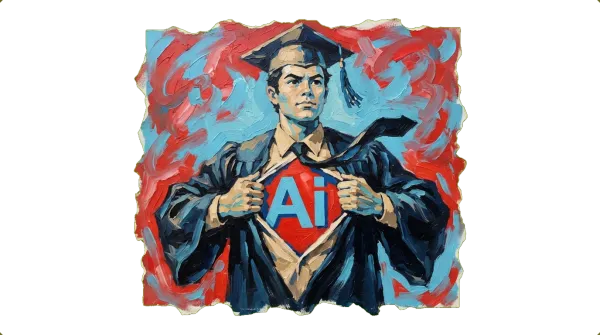 Student in academic robe revealing AI logo on chest like Superman symbol