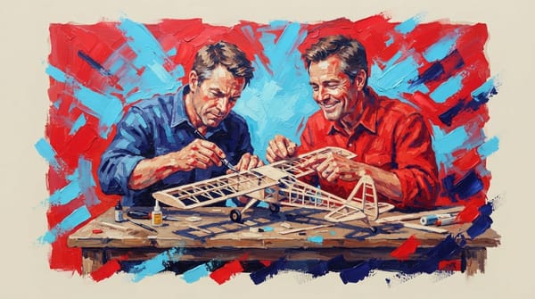 Two men working together on a remote-controlled balsa wood model airplane at a table