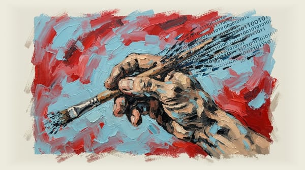 Artist's hand holding paintbrush with bristles dissolving into pixelated binary code and data streams.