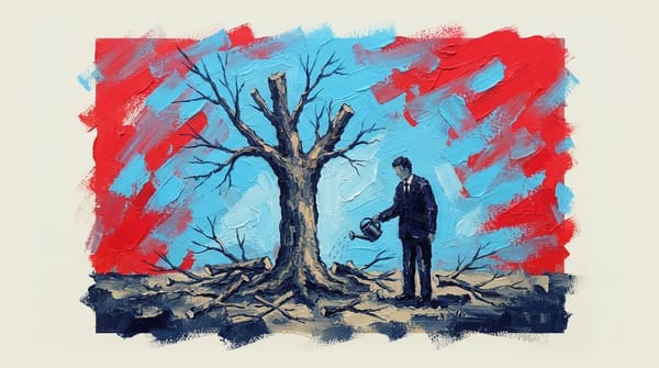 Treasury official with small watering can attempts to revive heavily pruned tree with cut branches on ground.