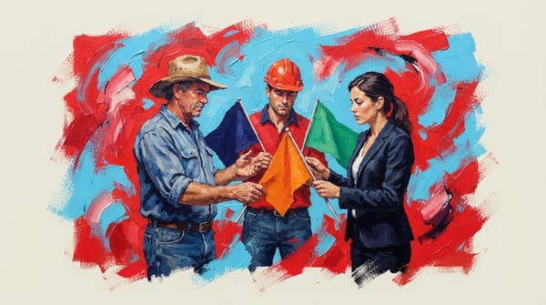 Three Australians—a farmer, construction worker, and businesswoman—examine an orange flag while holding navy, red, and green 