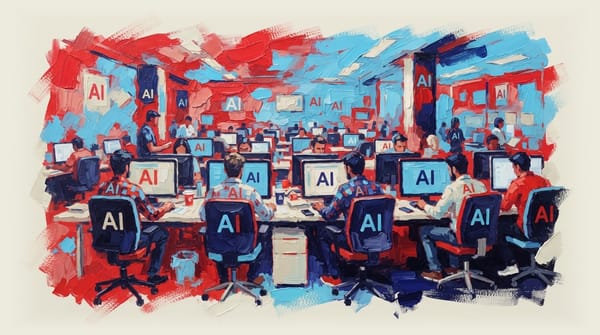 Office workers at computer terminals in open plan workspace with AI text overlaid on desks, chairs, and people