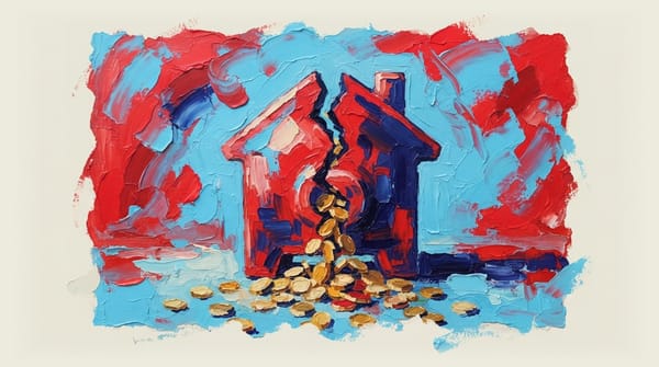 House-shaped piggy bank splitting in half with coins pouring out from the crack.