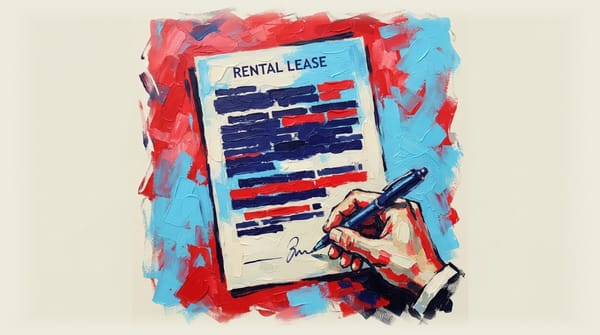 Hand signing a rental lease document with redacted sections and illegible key terms