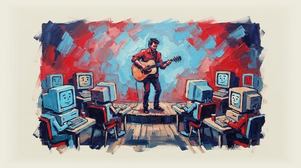 Guitarist performing on small stage in coffee shop while retro 1980s style computers watch as audience members.