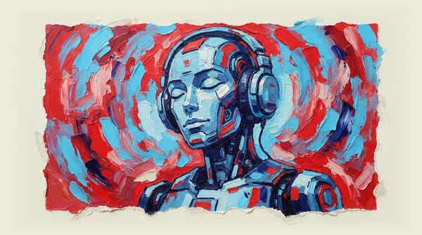 Robot wearing headphones, relaxing and enjoying music