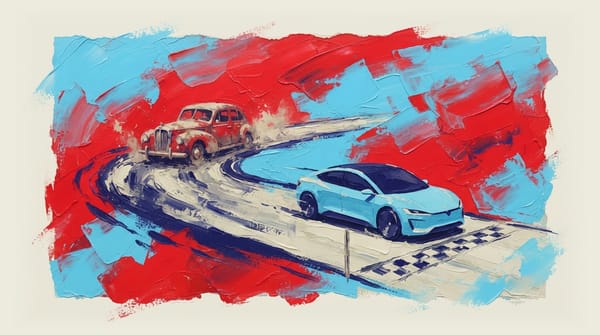 Modern electric vehicle at finish line while gasoline car abandoned and dusty on racetrack behind it.