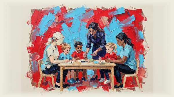 Teacher with students and individual support workers in a classroom setting.