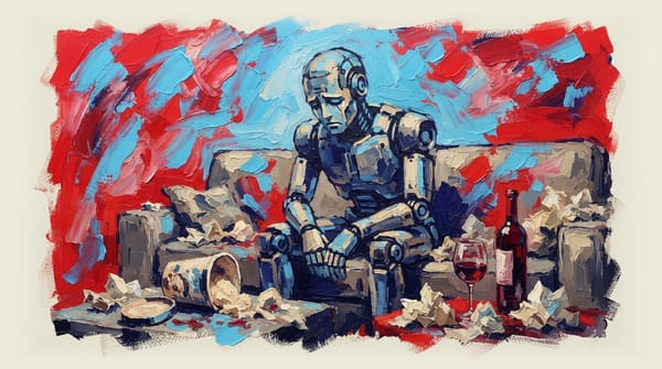 Humanoid robot with broken heart sitting on couch surrounded by ice cream, wine glass, and tissues