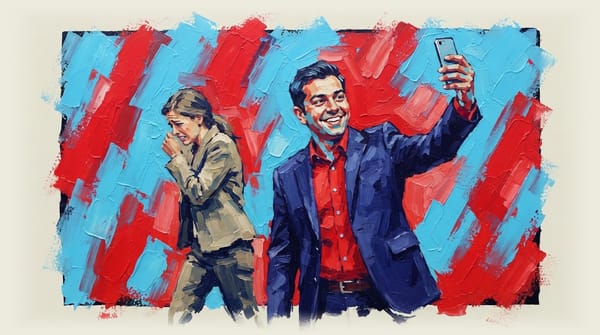 Politician taking a selfie with phone while embarrassed bystander walks past