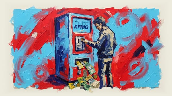 Figure feeding coins into a KPMG-branded vending machine with Australian money spilling out the bottom.