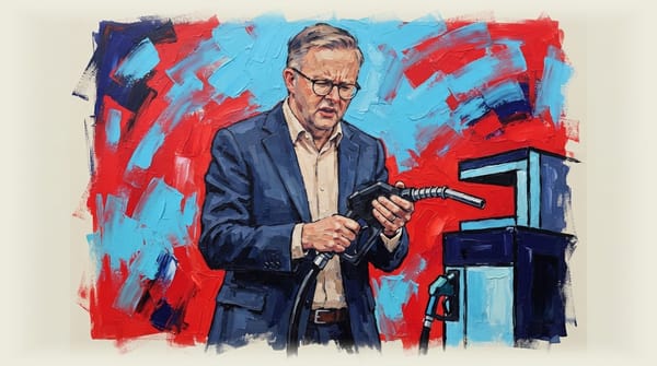 Anthony Albanese looking confused while holding an empty fuel pump nozzle with no fuel coming out