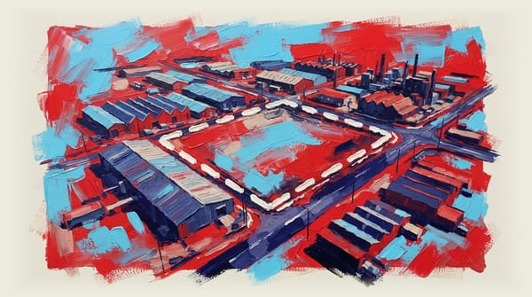 Drone view of an industrial Australian suburb with outlined building footprint on ground.