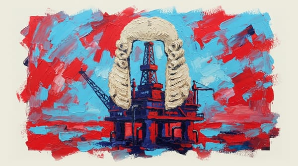 Offshore gas rig topped with an oversized barrister's wig against a blue sky and sea