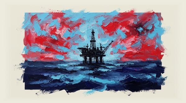 Abandoned oil platform silhouette standing isolated on a vast, empty ocean horizon.