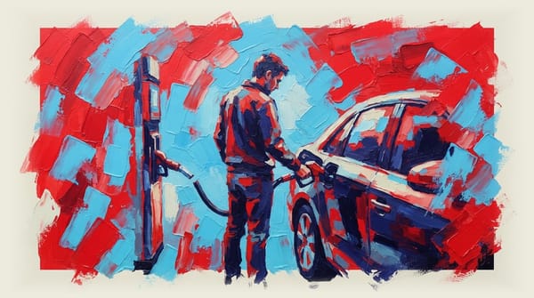 Person using a petrol pump with a severed hose, unaware fuel cannot flow through the disconnected nozzle.