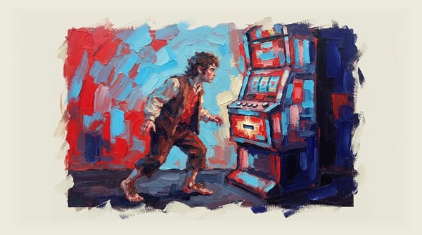 Frodo from Lord of the Rings approaching a glowing poker machine instead of the ring