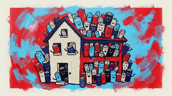 Cartoon batteries with faces crowded together inside a house, filling every space and corner.