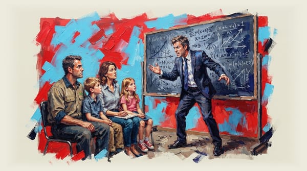 Frustrated treasury official explaining complex math equations on blackboard to Australian family in office setting