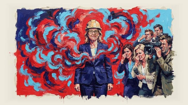 Victorian politician Jacinta Allan in hard hat with journalists holding their noses in disgust around her