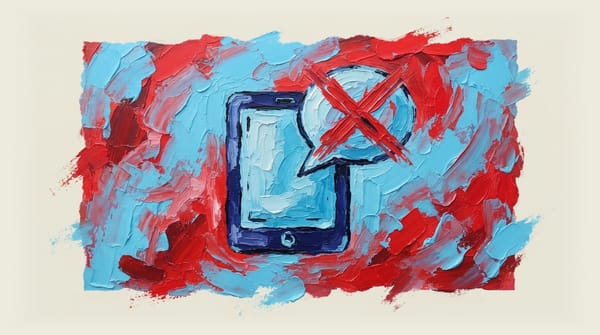 Apple device with a crossed-out speech bubble symbolizing restricted or illegal speech.