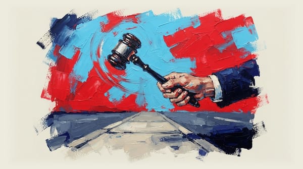 Hand holding gavel frozen mid-swing above empty street, symbolizing auction ban mechanism stopped