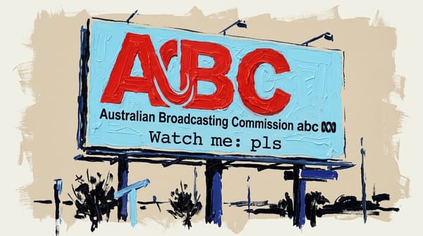 Large roadside billboard displaying the ABC logo with "Watch me: pls" text