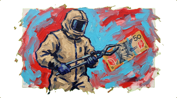 Worker in hazmat suit holding Australian $50 note with tongs, representing Australia's nuclear profit paradox.