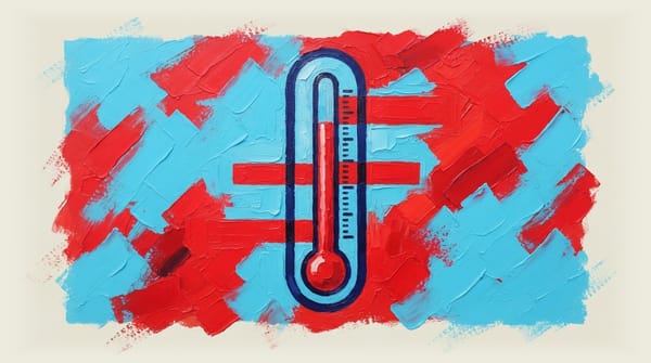 Thermometer with rising mercury showing shifting danger zone markers across different time periods